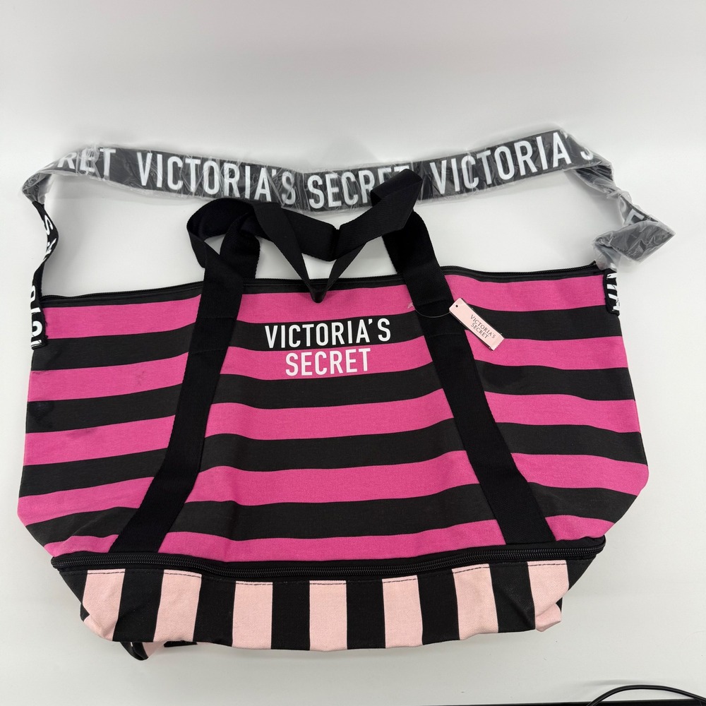 Victorias Secret Weekender Bag Travel Tote Expandable Pink Black Stripe Canvas